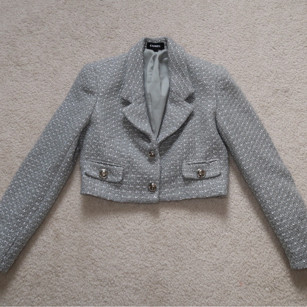 Meshki Silver-Gray Cropped Tweed Blazer with Metallic Buttons